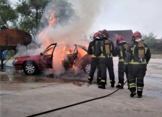 Unos bomberos apagan el fuego de un turismo.