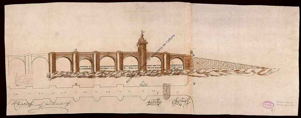 Archivo Histórico de la Provincia de Palencia. Fondo Luis R. Alonso_Fototipia Thomas_000 (26) Planta y alzado del Puente Mayor sobre el río Carrión en Palencia. Archivo de la Real Audiencia y Chancillería de Valladolid. 1584