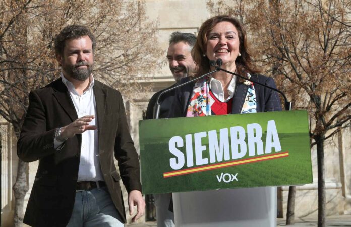 Sonia Lalanda en un acto de campaña junto con Iván Espinosa de los Monteros y David Hierro en la plaza de San Pablo de Palencia - Manuel Brágimo, ICAL