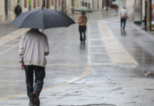 Gente cubriéndose de la lluvia con paraguas