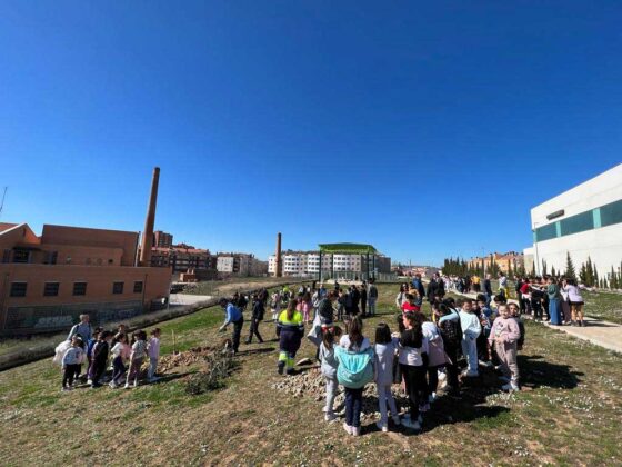 Escolares palentinos plantan 12 encinas en el entorno del Pabellón Mariano Haro con motivo del Día Mundial del Árbol