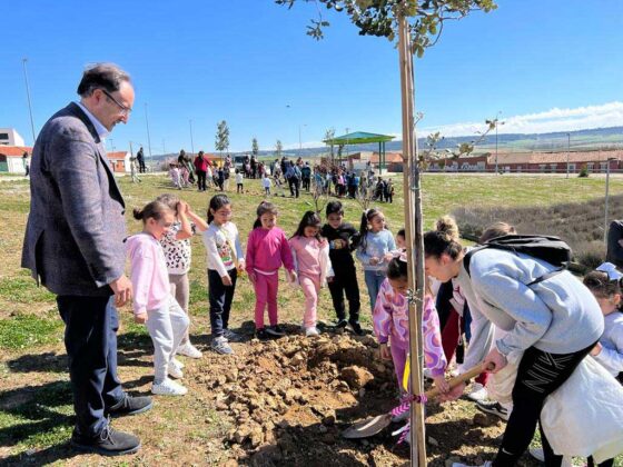 Escolares palentinos plantan 12 encinas en el entorno del Pabellón Mariano Haro con motivo del Día Mundial del Árbol