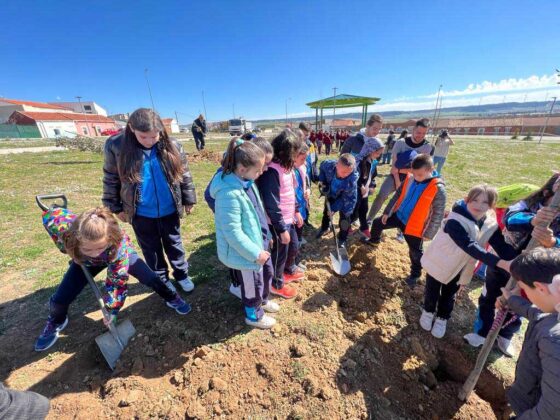 Escolares palentinos plantan 12 encinas en el entorno del Pabellón Mariano Haro con motivo del Día Mundial del Árbol