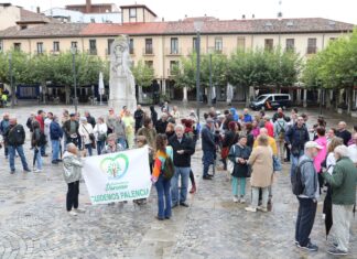 Manifestantes a favor del Soterramiento en la Plaza Mayor, durante la celebración del Pleno.