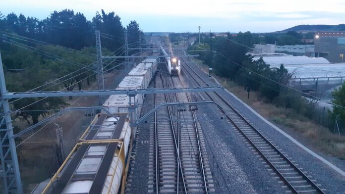 Acceso sur ferroviario de Palencia, donde se une la línea de Alta Velocidad (d) con dos de ancho ibérico . / Óscar Herrero