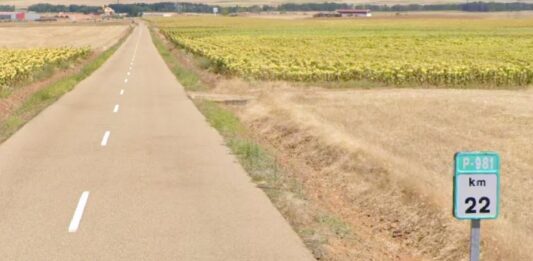 Imagen de la carretera P-981 e su tramo final en 2019, antes de que arrancaran las obras de construcción la Línea de Alta Velocidad a Cantabria en el entorno de Santillana de Campos. / Google Street View