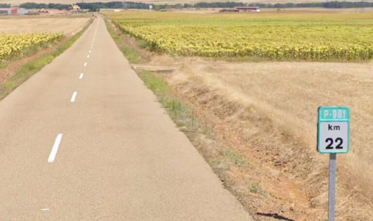 Imagen de la carretera P-981 e su tramo final en 2019, antes de que arrancaran las obras de construcción la Línea de Alta Velocidad a Cantabria en el entorno de Santillana de Campos. / Google Street View