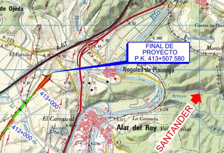 Punto donde acabará el tramo Palencia-Alar y junto a Nogales, la línea de ferrocarril convencional. La distancia entre una y otra será cubierta con el viaducto.