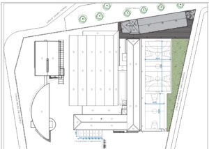 En gris más oscuro, la ubicación y disposición del nuevo edificio del Trinidad Arroyo de Palencia. Imagen tomada del proyecto de ARQUITECTOS RODRÍGUEZ MARTÍN para la Junta de Castilla y León