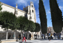 Imagen de archivo de turistas se disponen a entrar en la catedral de Palencia.