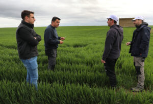 Estancia formativa en la explotación agrícola de Jesús Revilla (21) en Autilla del Pino (Palencia), en la imagen junto a los alumnos, Alberto López(D) y Guillermo Gallardo(2D)