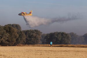 Un hidroavión del 43 Grupo de las Fuerzas Armadas hace una descarga sobre el Monte en el incendio de Paredes de Monte. / Brágimo (ICAL)