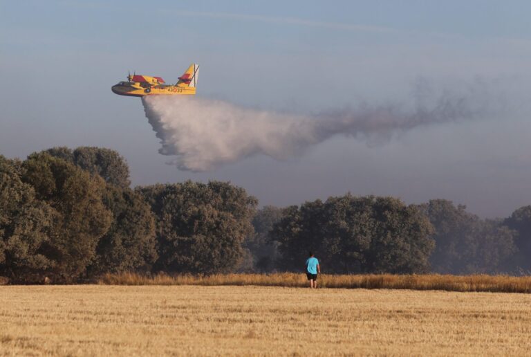 Un hidroavión del 43 Grupo de las Fuerzas Armadas hace una descarga sobre el Monte en el incendio de Paredes de Monte. / Brágimo (ICAL)