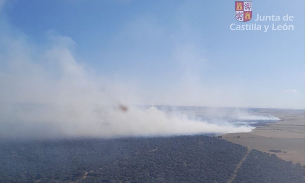 Vista aérea del incendio desde uno de los helicópteros de la lucha contra el fuego, en la que se observa la evolución del fuego y al fondo la masa forestal del Monte el Viejo. / JCYL