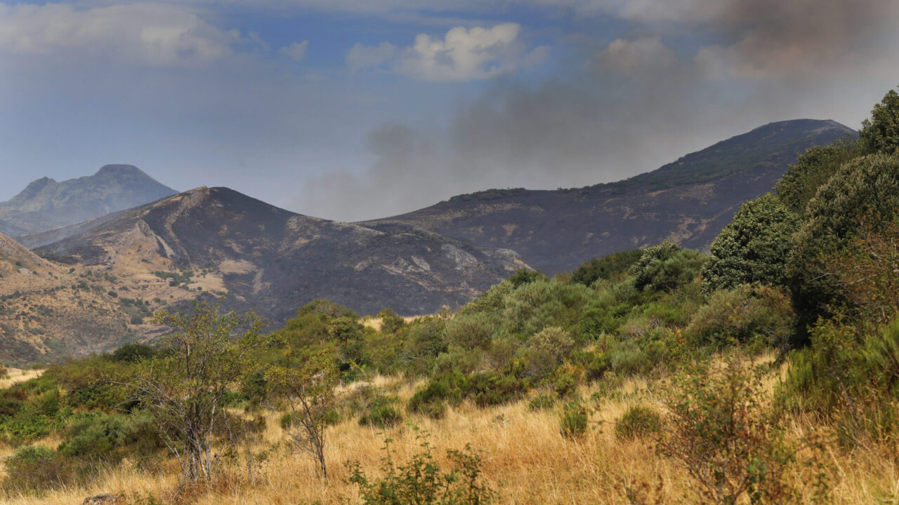 Imagen del incendio que desde el domingo quema parte del parque Natural Montaña Palentina. / Brágimo (ICAL)