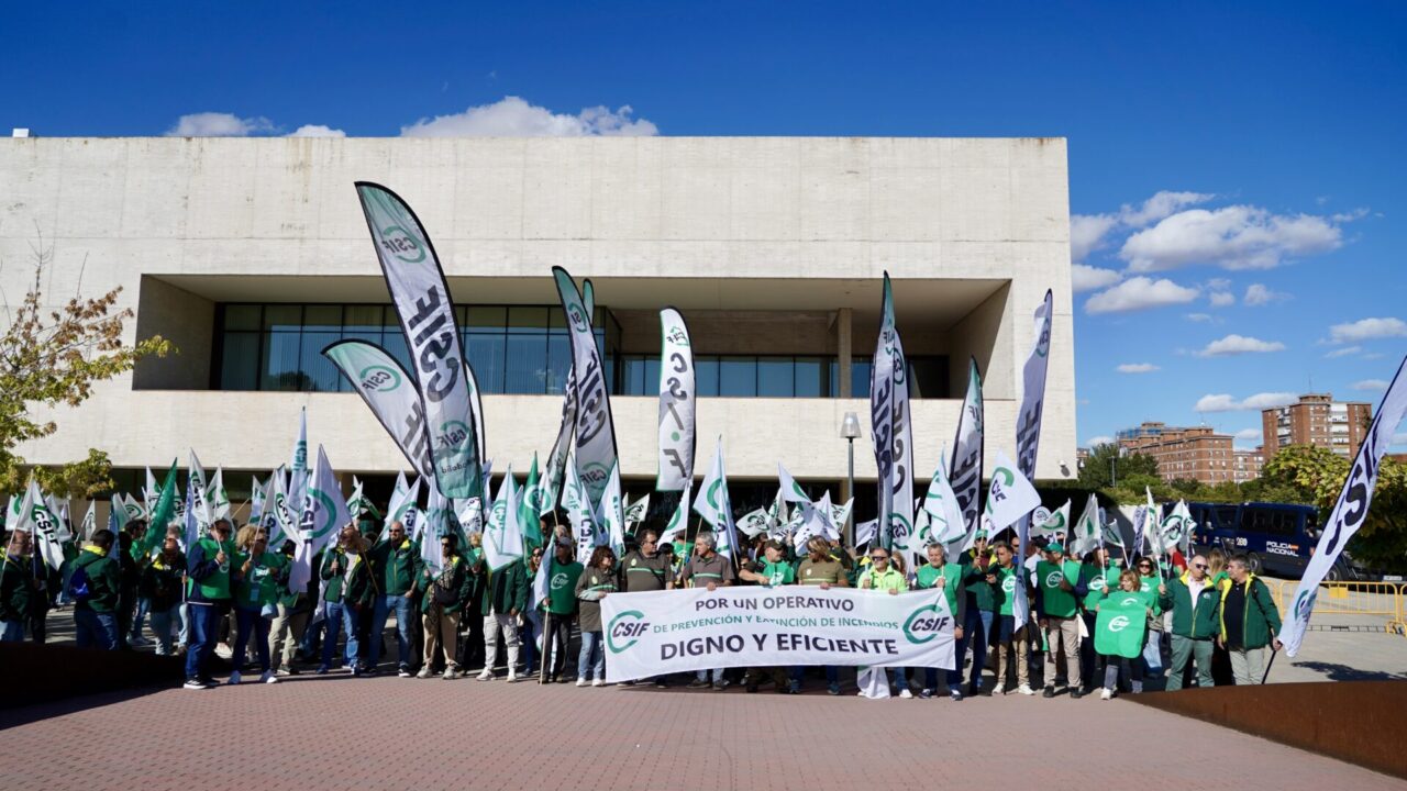 Concentración frente a las Cortes convocada por CSIF a la que asisten bomberos  forestales y agentes medioambientales para reclamar un operativo totalmente público. / ICAL