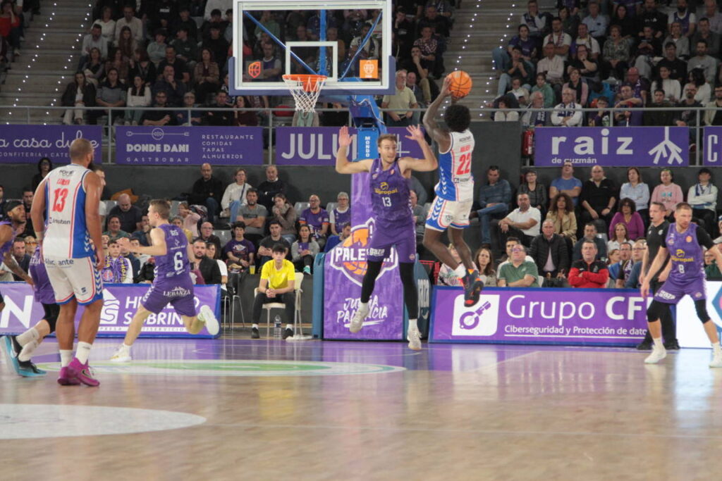 Jugadores de baloncesto en acción durante un partido entre Palencia y Alicante.
