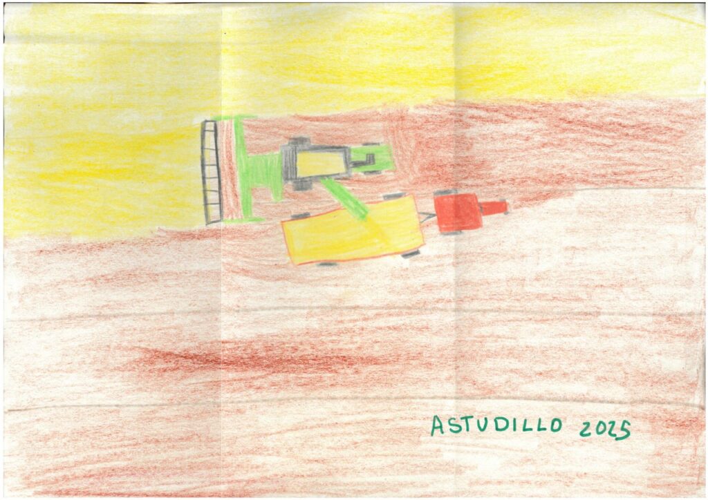 Dibujo de un tractor y un remolque en un paisaje rural