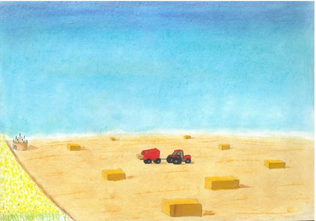 Dibujo de un paisaje rural con tractores y pacas de heno