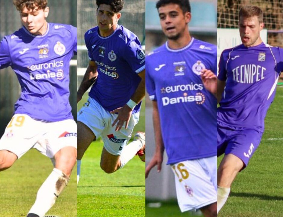 Cuatro jugadores de equipos palentinos en acción durante un entrenamiento de fútbol.