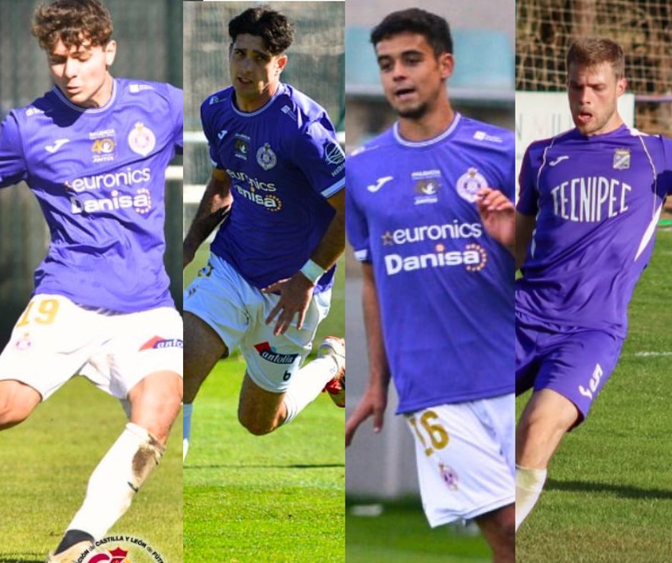 Cuatro jugadores de equipos palentinos en acción durante un entrenamiento de fútbol.
