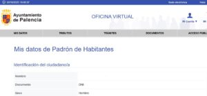 Pantalla de la oficina virtual del Ayuntamiento de Palencia mostrando datos del padrón.