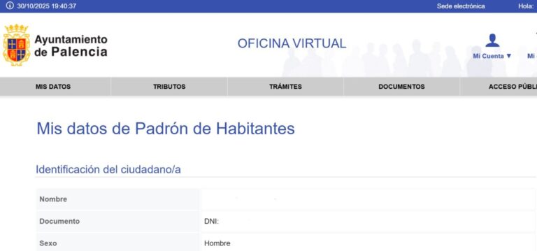 Pantalla de la oficina virtual del Ayuntamiento de Palencia mostrando datos del padrón.