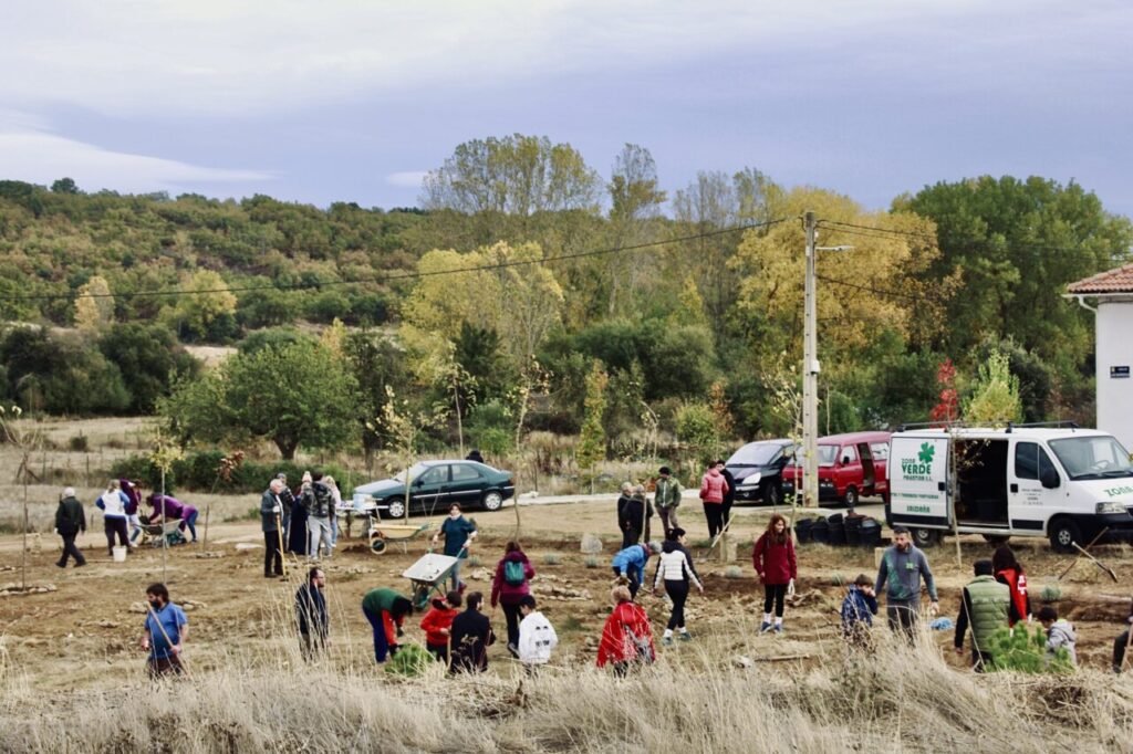 Vecinos y voluntarios trabajando en la recuperación del humedal en Villalafuente.