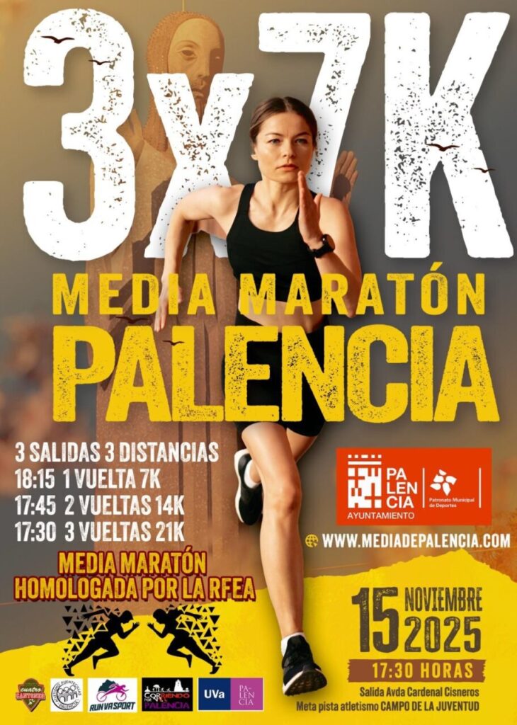 Cartel promocional de la carrera 3x7 Ciudad de Palencia con una corredora.
