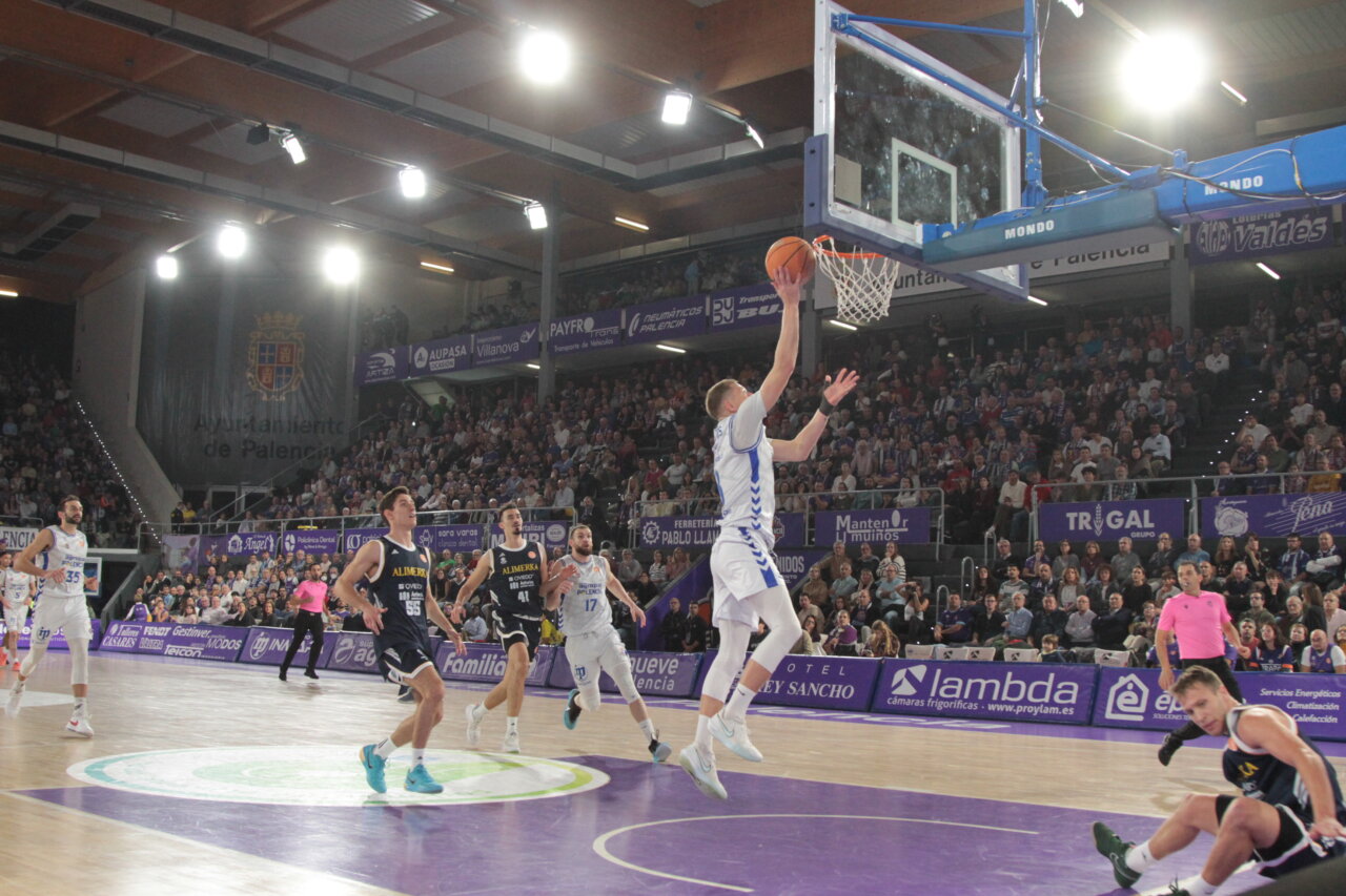 Jugador del Palencia lanzando a canasta durante un partido de baloncesto