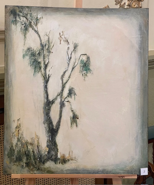 Cuadro de un árbol en la exposición Estampas Palentinas de Onecha
