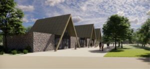 Vista del camping ecológico en Velilla del Río Carrión con arquitectura sostenible.