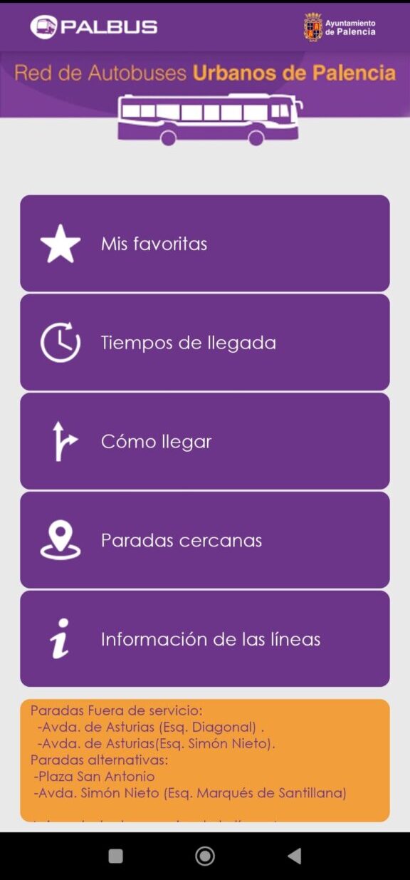 Pantalla de la aplicación Palbus mostrando información de paradas de autobús.