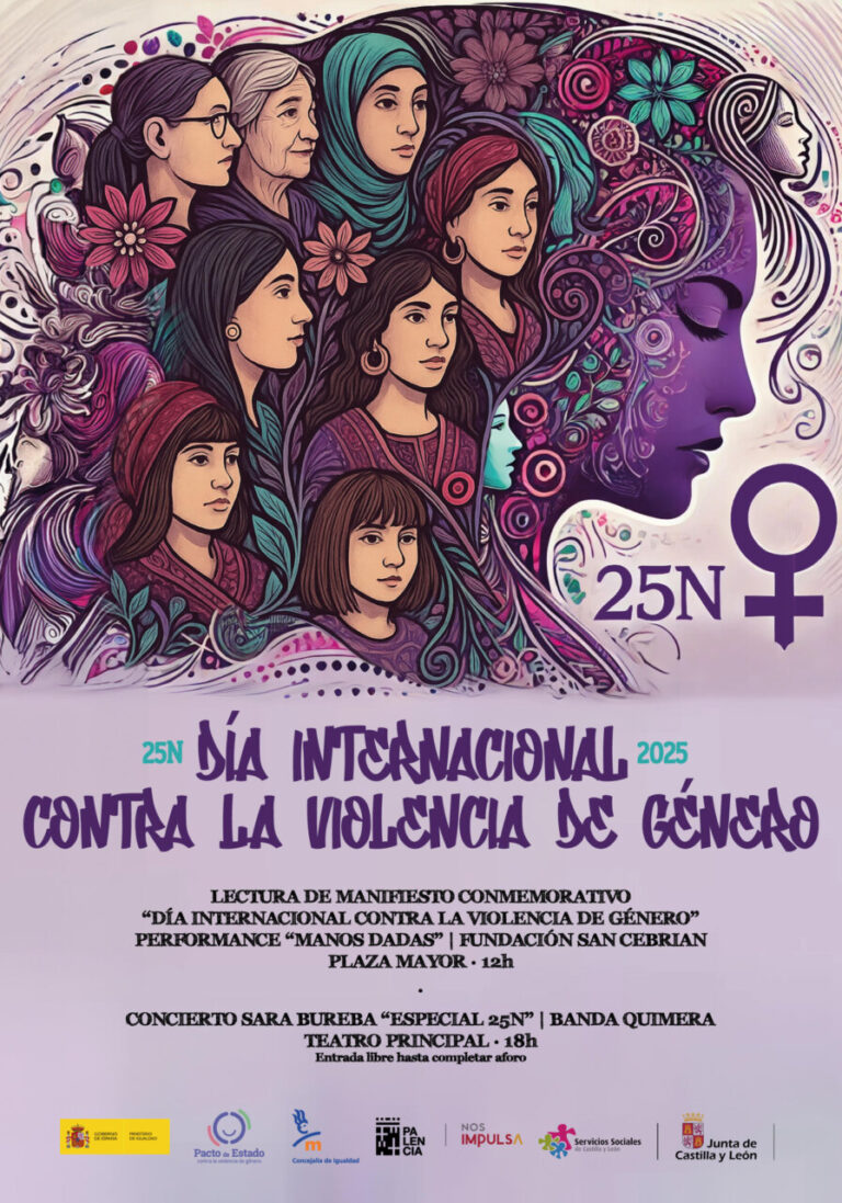 Cartel del Día Internacional contra la Violencia de Género con ilustraciones de mujeres.