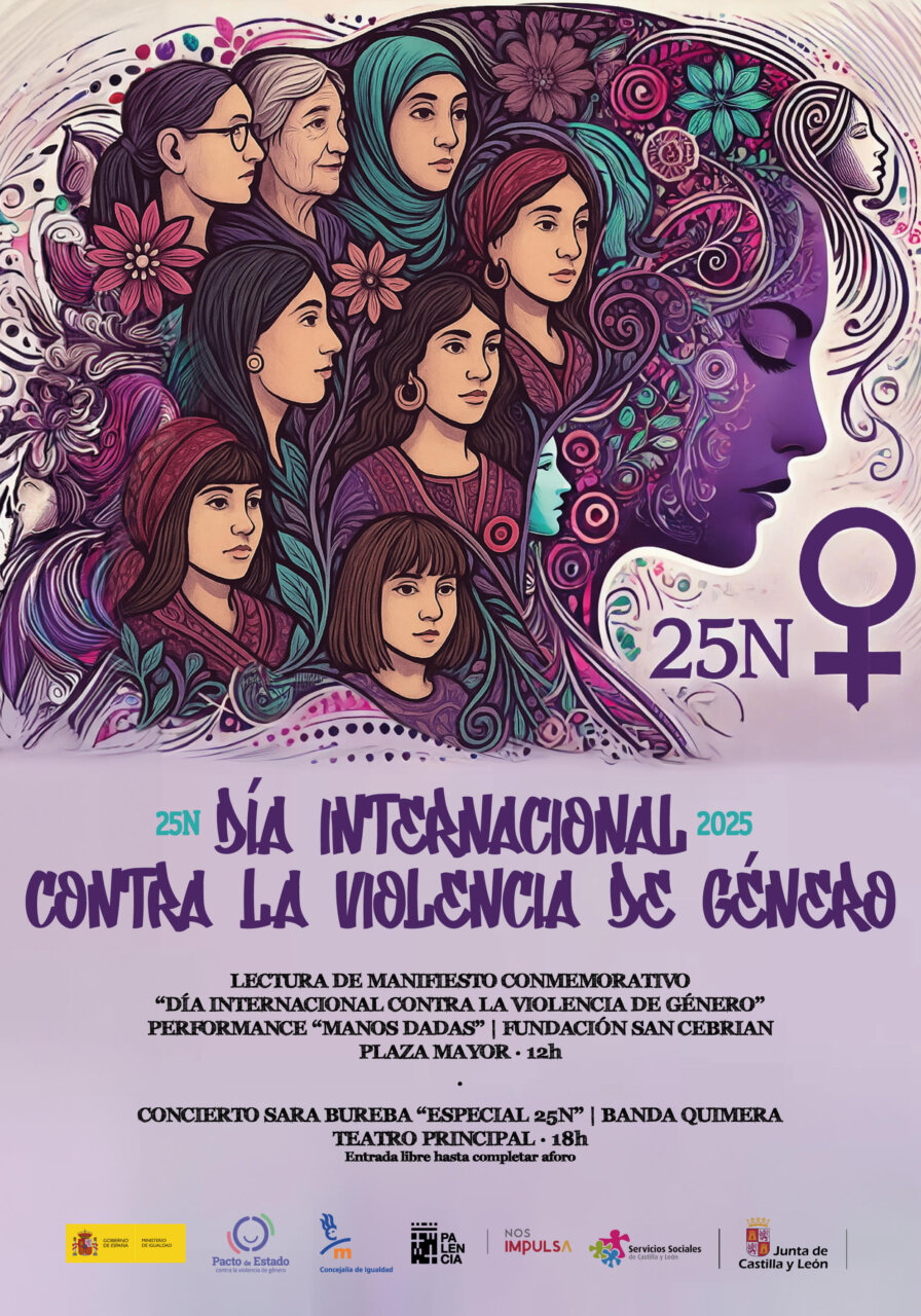 Cartel del Día Internacional contra la Violencia de Género con ilustraciones de mujeres.