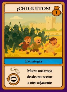 Carta del juego Bandas Doradas con niños corriendo y soldados al fondo.