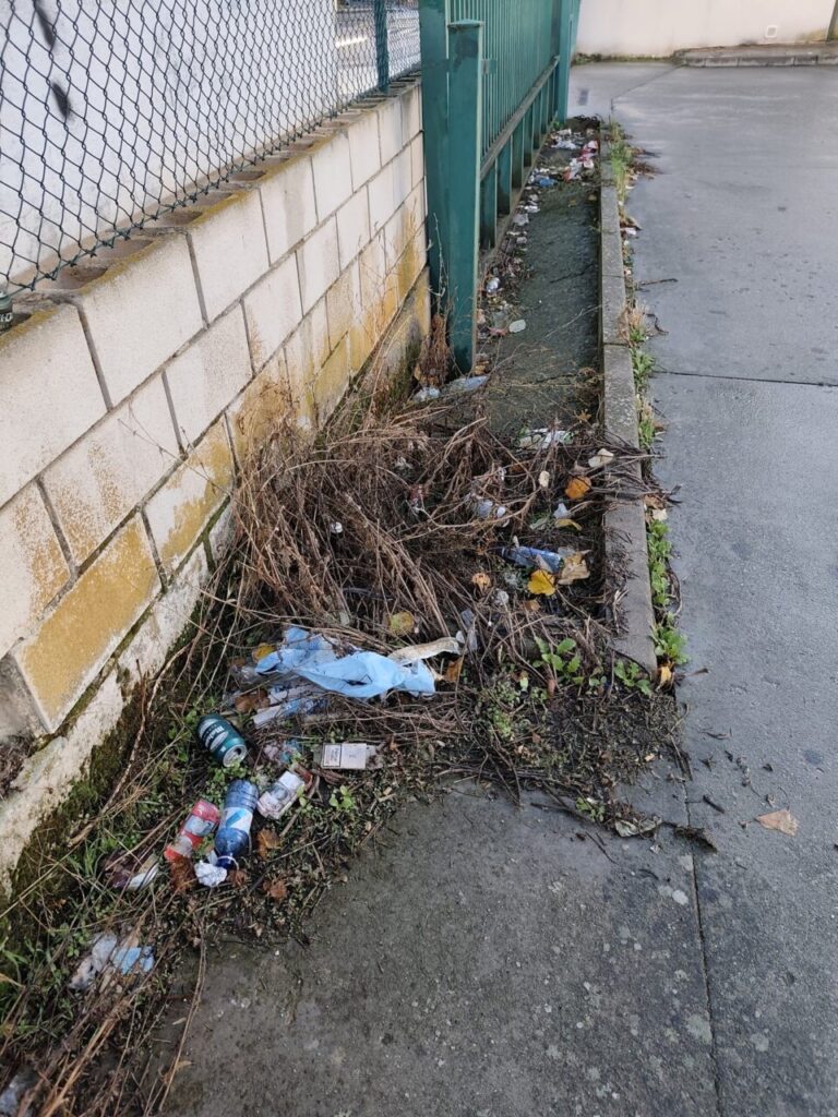 Acumulación de basura y maleza en la estación de autobuses de Aguilar de Campoo