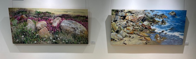 Pinturas de paisajes con rocas y vegetación en la sala de exposiciones