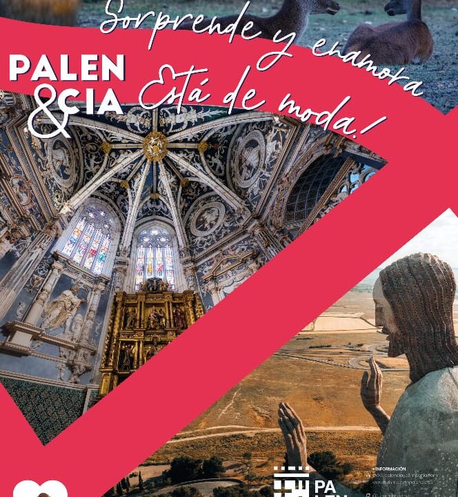 Cartel de promoción turística de Palencia con imágenes y texto atractivo.