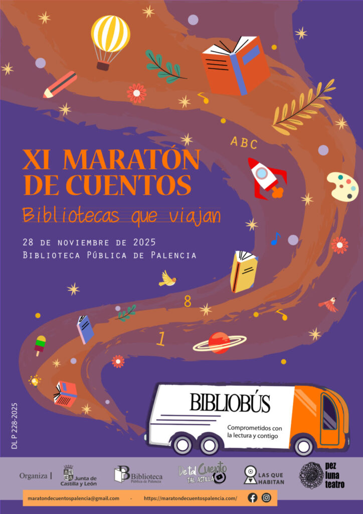 Cartel del XI Maratón de Cuentos en Palencia con temática de bibliotecas que viajan.