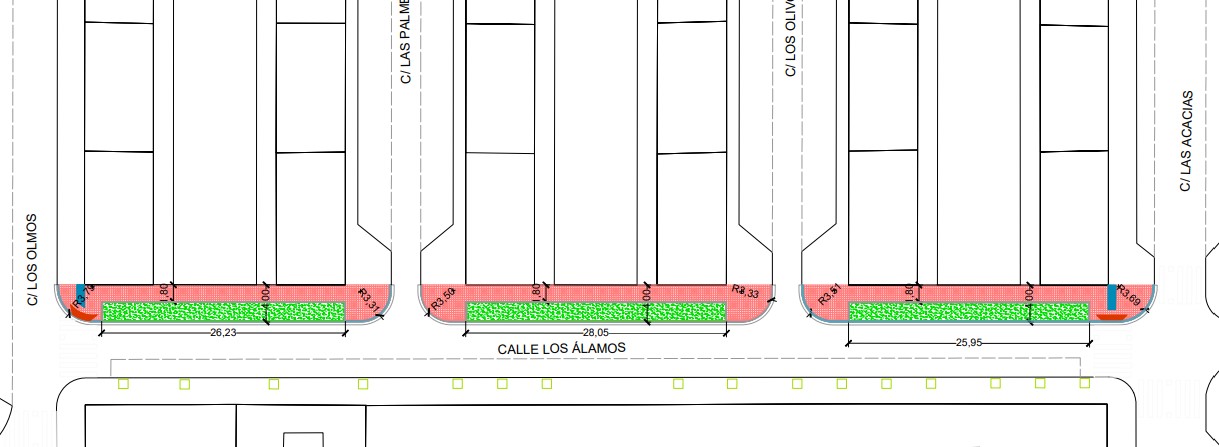 Plano de la calle Los Álamos con mejoras de accesibilidad y áreas verdes.
