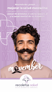Hombre sonriendo con bigote en campaña de Movember para salud masculina