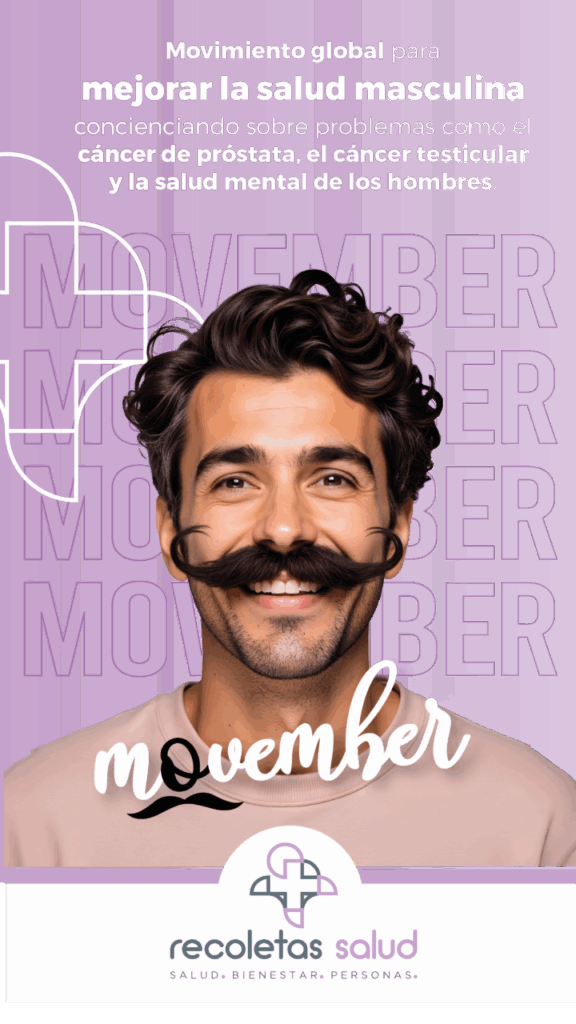 Hombre sonriendo con bigote en campaña de Movember para salud masculina
