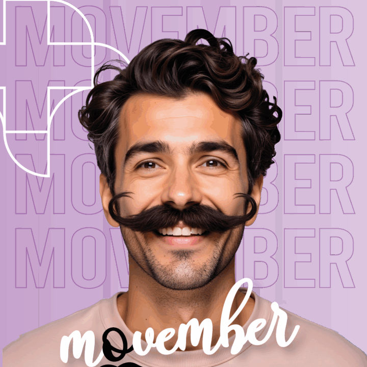 Hombre sonriendo con bigote en campaña de Movember para salud masculina