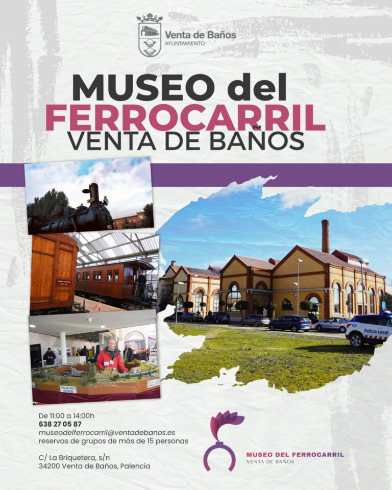 Exterior del Museo del Ferrocarril en Venta de Baños con trenes históricos.