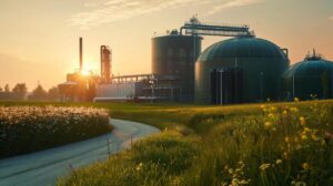 Planta de biometano en un entorno rural al atardecer