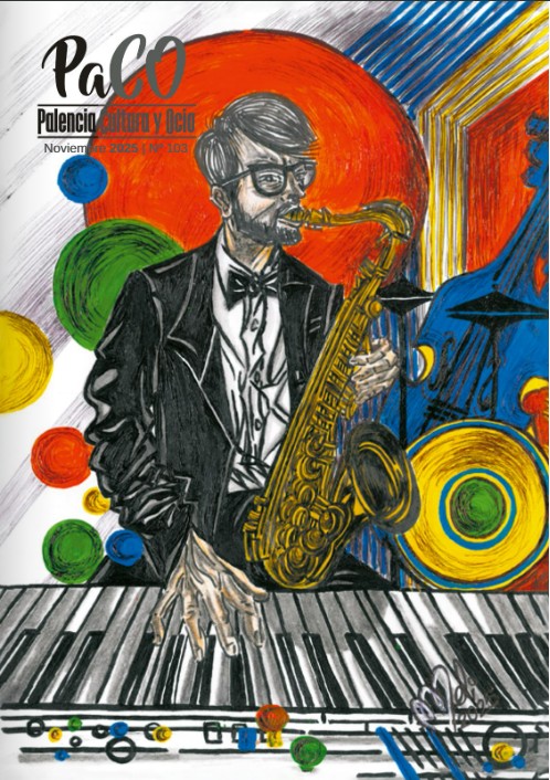 Ilustración de un músico tocando saxofón en la portada de la revista Paco Magazine de noviembre 2025