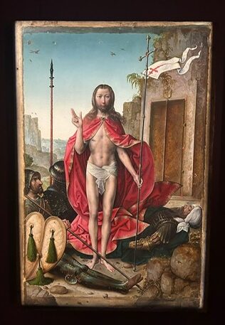 Pintura clásica de la resurrección de Cristo con fondo histórico.