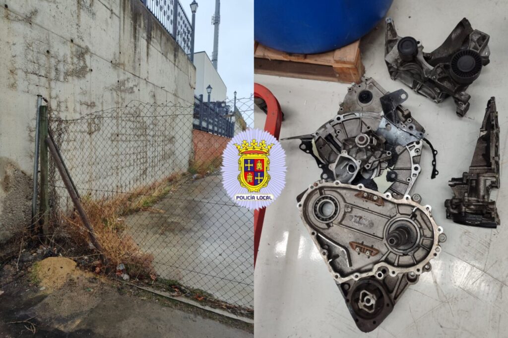 Escena de un robo en un taller mecánico con piezas de automóvil