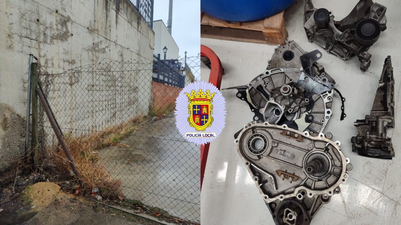 Escena de un robo en un taller mecánico con piezas de automóvil